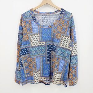 Canyon Retreat L Blue Orange Patchwork Paisley Long Sleeve Scoop Neck Boho Artsy